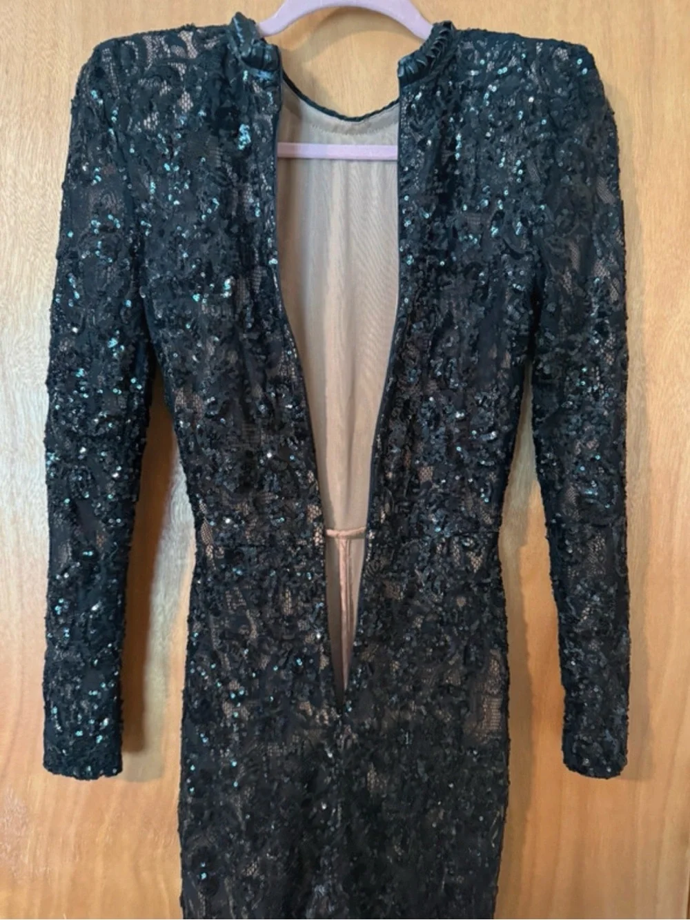NADINE MERABI Black Sequin Lace Long-Sleeve Fitted Jumpsuit